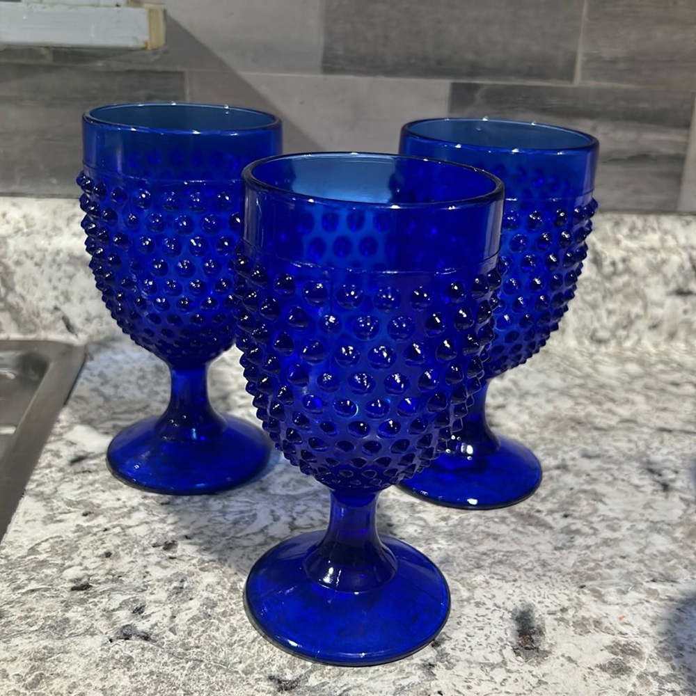 Set of three Smith Hobnail 6 inch water glasses in Colbalt blue
